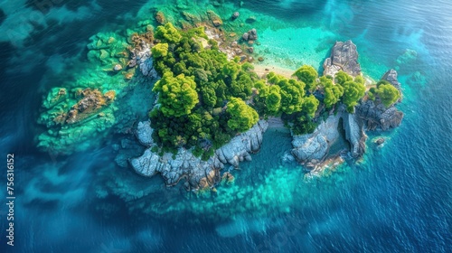 The natural beauty and peacefulness of a secluded tropical island are highlighted in an aerial shot, with crystal clear waters surrounding it.