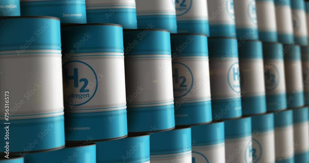 Hydrogen zero emissions fuel barrels in row seamless and loopable concept. Sustainable energy clean blue technology industrial containers.