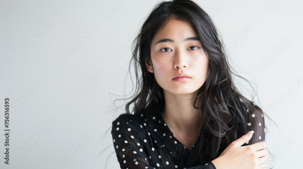 Beautiful studio portrait of young, stylish, beautiful asian woman, long hair, looking at camera with confidence on white background Beautiful studio portrait of young, stylish, beautiful asian woman, long hair, looking at camera with confidence on white background
