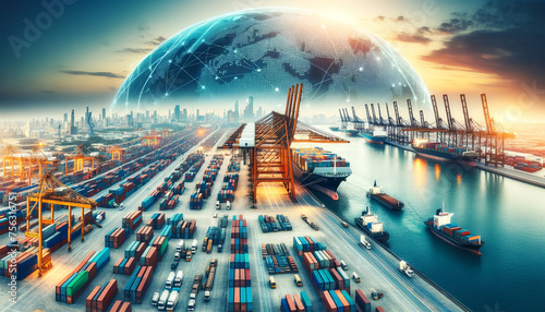 International Shipping Port with Global Network Overlay,A bustling international shipping port operates under a digital global network, signifying interconnected commerce and trade...
