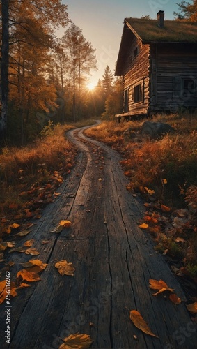 photo of abandoned wooden house in the middle of autumn forest and next to road