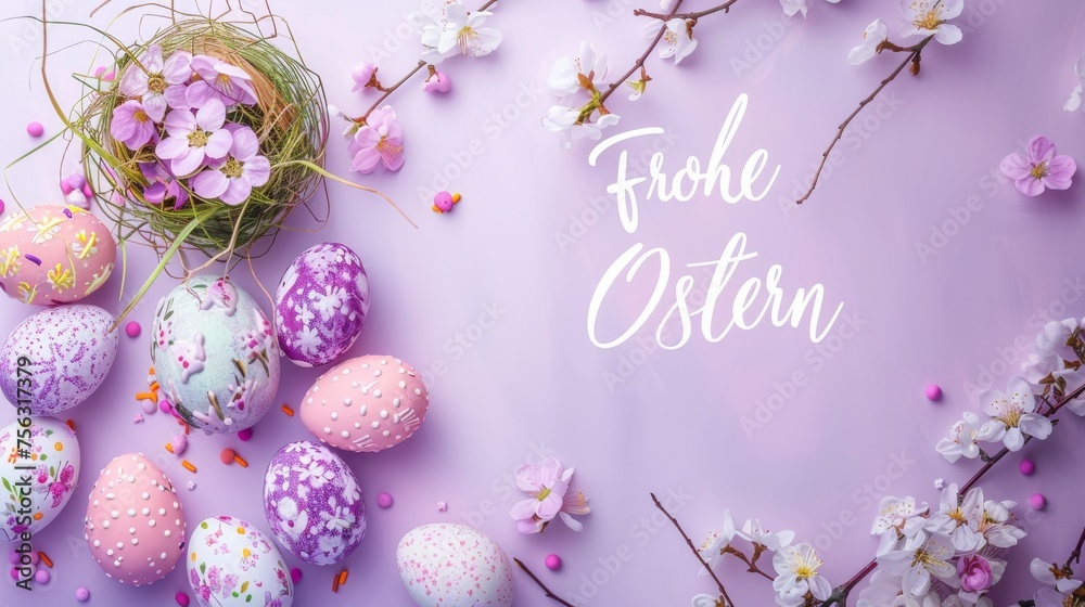 Frohe Ostern - Happy Easter in German. Abstract background with painted Easter eggs and flowers. Easter concept background. Frohe Ostern - Happy Easter in German. Abstract background with painted Easter eggs and flowers. Easter concept background.