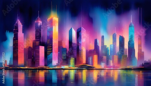 A digital painting of a futuristic cityscape with neon lights and a blue and purple color scheme