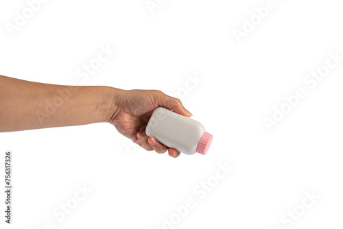 Baby talcum powder container in hand on transparent background