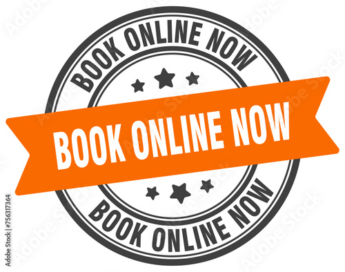 book online now stamp. book online now label on transparent background. round sign