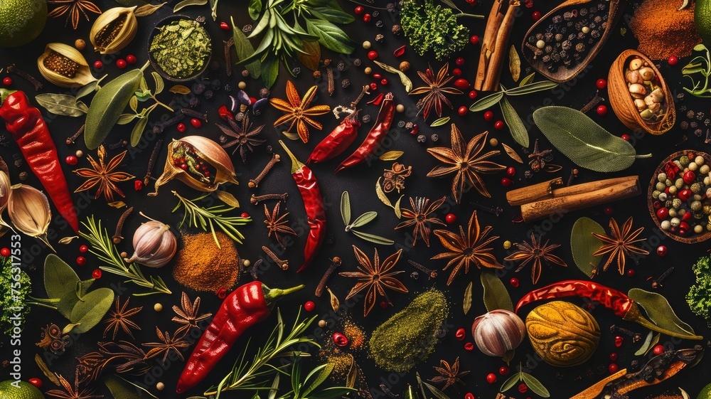 Naklejka premium a seamless texture adorned with an array of spices and herbs, capturing their vibrant colors and aromatic essence. SEAMLESS PATTERN