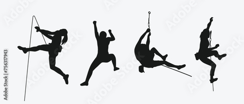 Vector set silhouette of climbing sport, mountain rock climber. Extreme sport concept. Isolated background. Vector illustration.