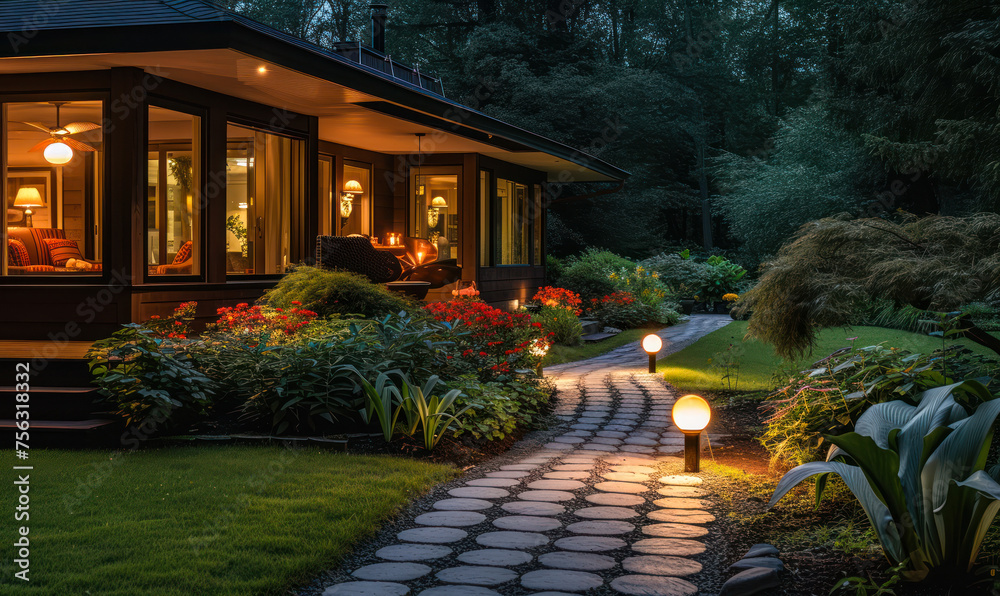 Evening View of a Beautifully Lit Garden Path Leading to a Cozy House, Landscape Lighting Enhancing Home Curb Appeal and Safety Evening View of a Beautifully Lit Garden Path Leading to a Cozy House, Landscape Lighting Enhancing Home Curb Appeal and Safety