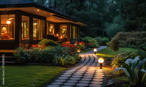 Evening View of a Beautifully Lit Garden Path Leading to a Cozy House, Landscape Lighting Enhancing Home Curb Appeal and Safety