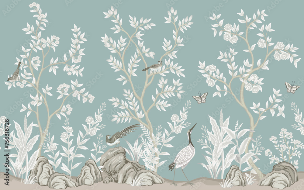 Vintage botanical garden tree, Chinese birds, crane, stone, butterfly, plant floral seamless border blue background. Exotic chinoiserie mural