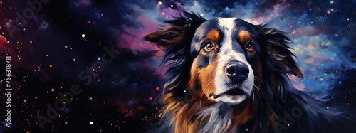 Chinese zodiac-inspired illustration, happy dog, long fur, galactic backdrop, shimmering star trails, space, glowing nebulae, fantasy cosmos, digital art, representing Year of the Dog