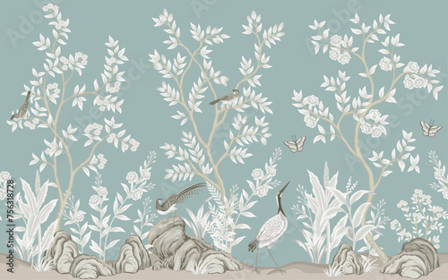 Vintage botanical garden tree, Chinese birds, crane, stone, butterfly, plant floral seamless border blue background. Exotic chinoiserie mural