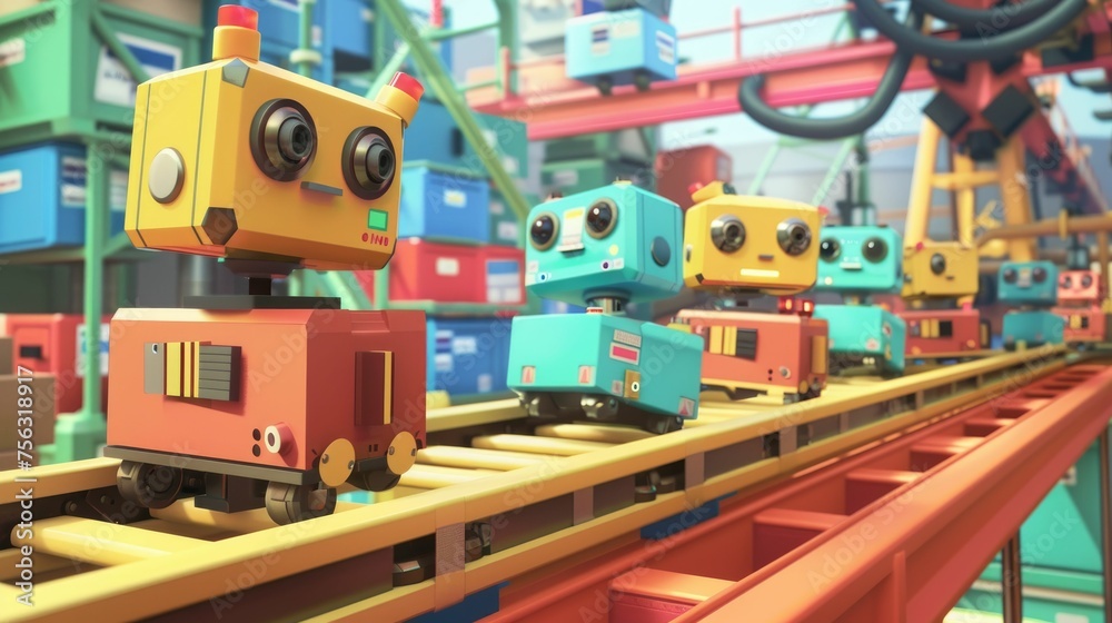 Innovative robotic assembly lines AIenhanced in a colorful 3D cartoon factory scene Innovative robotic assembly lines AIenhanced in a colorful 3D cartoon factory scene