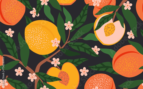 Fruits and flowers of peaches and apricots with leaves on a branch form a seamless pattern. Summer tropical fruity vibe for fabrics, textiles and wrapping paper. Vector.