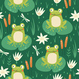 Seamless Pattern with frogs. Kids pattern. Vector