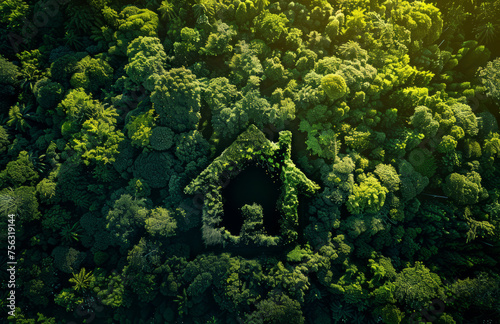 Aerial view of wooden house surrounded by beautiful vibrant and fresh green trees and bushes
