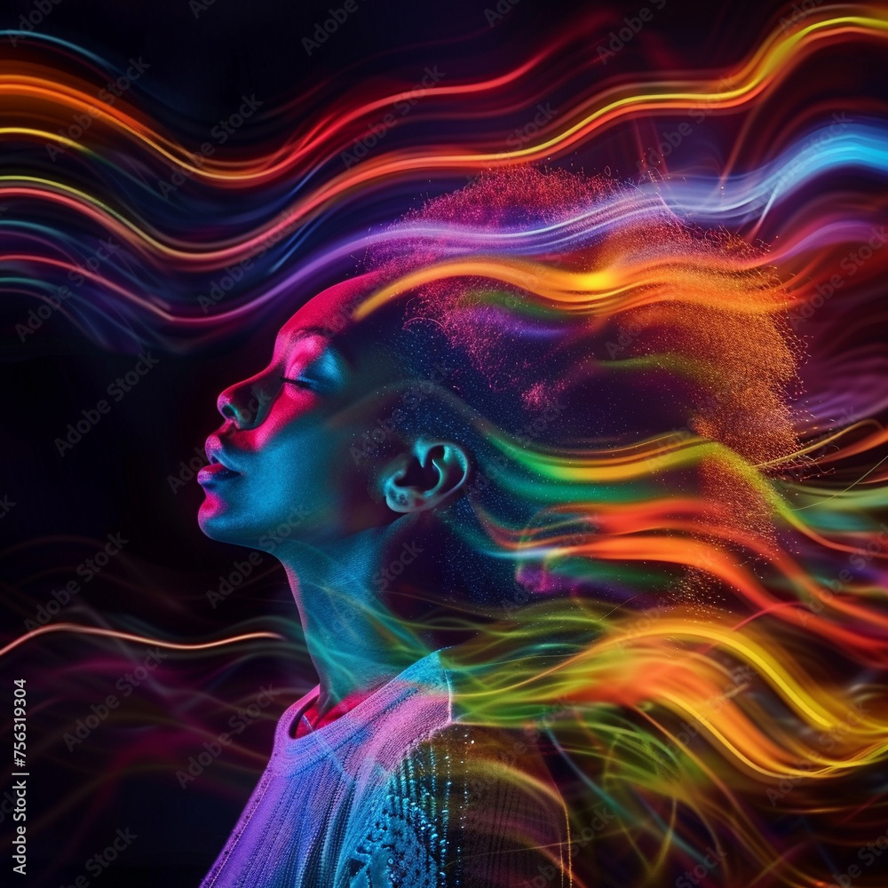 Joyful African lady feeling the rhythm her hair enveloped in colorful sound waves and digital light effects Joyful African lady feeling the rhythm her hair enveloped in colorful sound waves and digital light effects