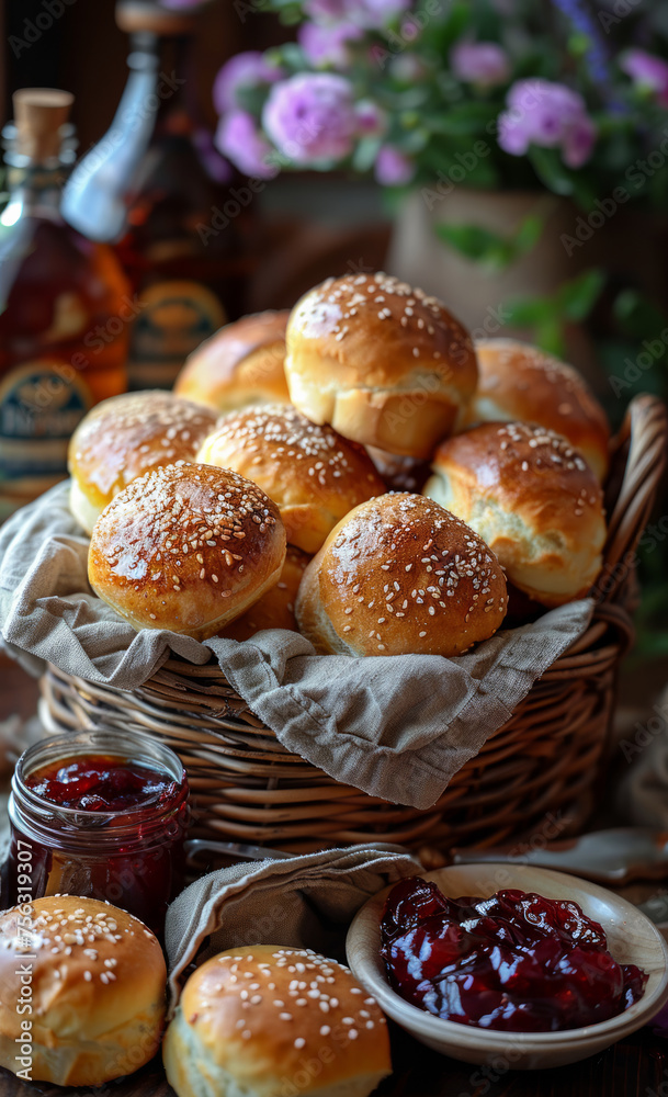 Homemade buns with jam in basket on wooden table Homemade buns with jam in basket on wooden table