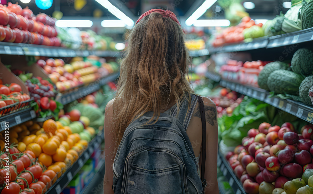 Young woman is shopping for fresh organic vegetables in produce department of grocery store.