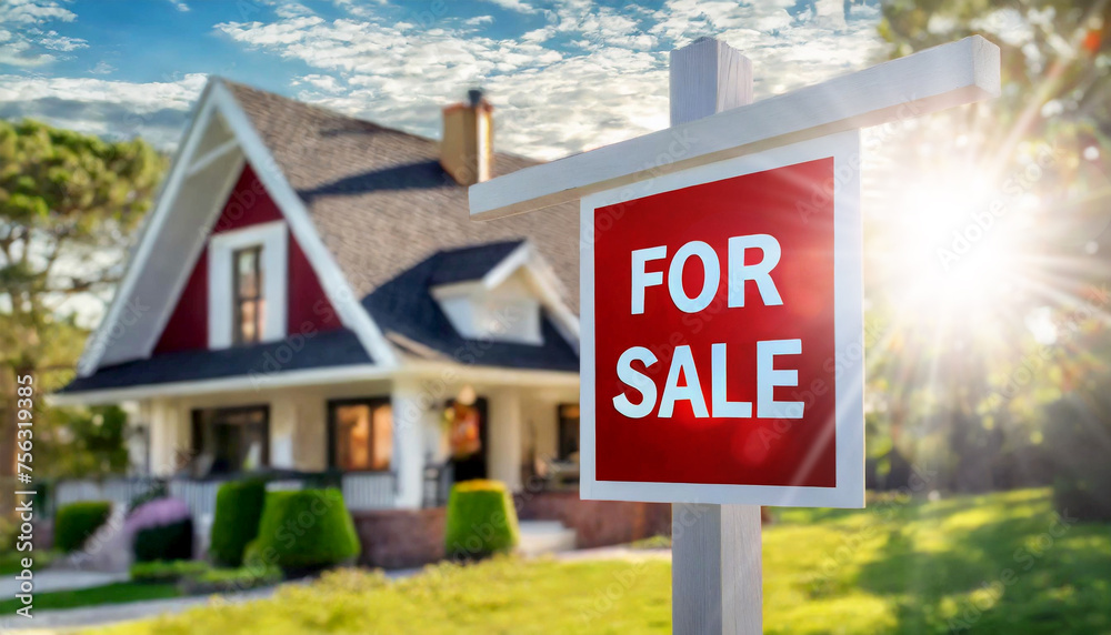 Home for sale real estate sign and new house. Red and white For Sale sign in focus with a blurred background of a residential house, suggesting that the property is on the market. Generative Ai. Home for sale real estate sign and new house. Red and white For Sale sign in focus with a blurred background of a residential house, suggesting that the property is on the market. Generative Ai.