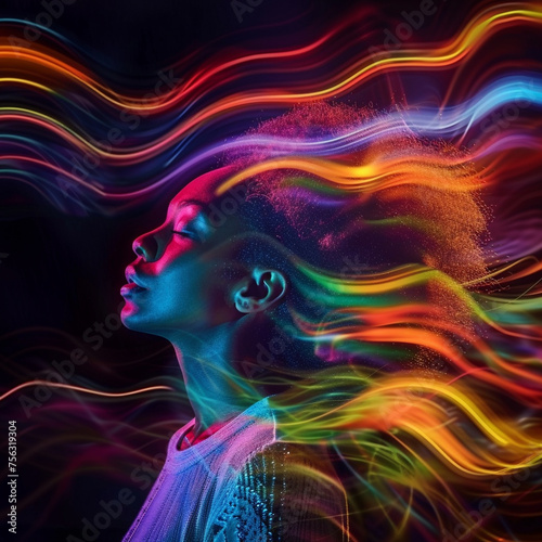 Joyful African lady feeling the rhythm her hair enveloped in colorful sound waves and digital light effects