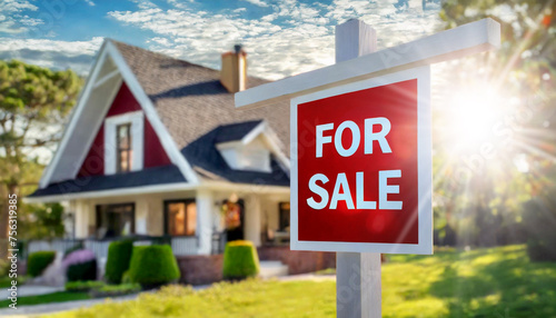 Home for sale real estate sign and new house. Red and white For Sale sign in focus with a blurred background of a residential house, suggesting that the property is on the market. Generative Ai.