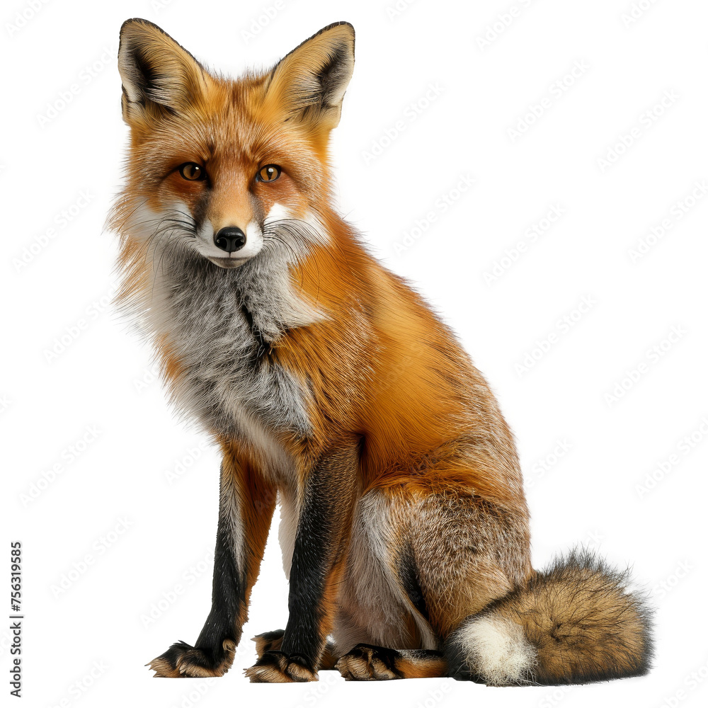 Obraz premium A close-up of a red fox sitting , isolated on a transparent background, PNG