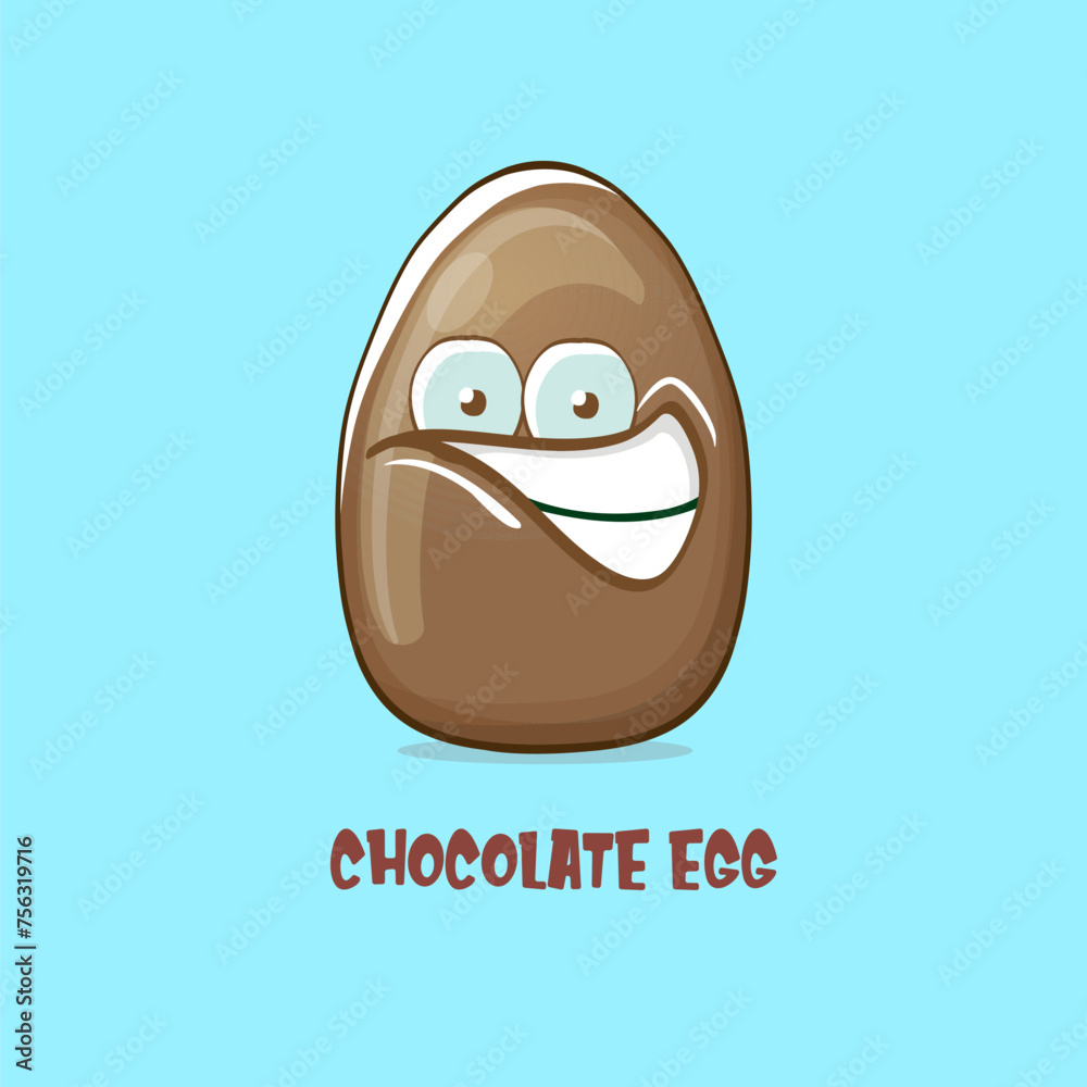 Cartoon chocolate easter egg cartoon characters isolated on blue background. My name is egg vector concept illustration. funky sweet chocolate easter egg character with eyes and mouth Cartoon chocolate easter egg cartoon characters isolated on blue background. My name is egg vector concept illustration. funky sweet chocolate easter egg character with eyes and mouth