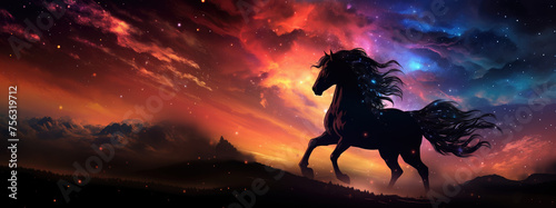 Majestic horse gallops through cosmos  mane flowing with ethereal colors  stars and nebulae in background  embodying celestial spirit  fantasy  vibrant.