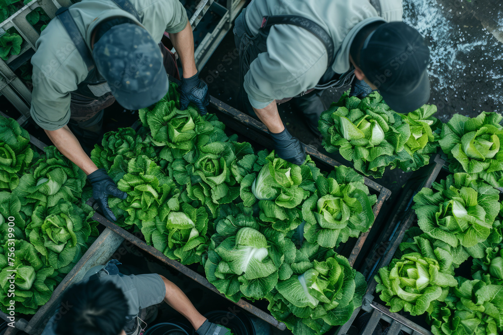 Workers harvesting fresh lettuce in greenhouse - obrazy, fototapety, plakaty 