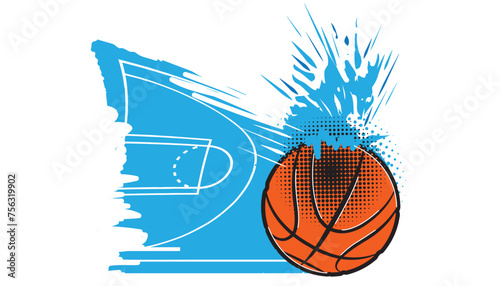 Basketball ball falling into water. Summer sports school concept.