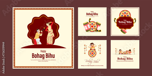 Vector illustration of Happy Bohag Bihu social media feed set template