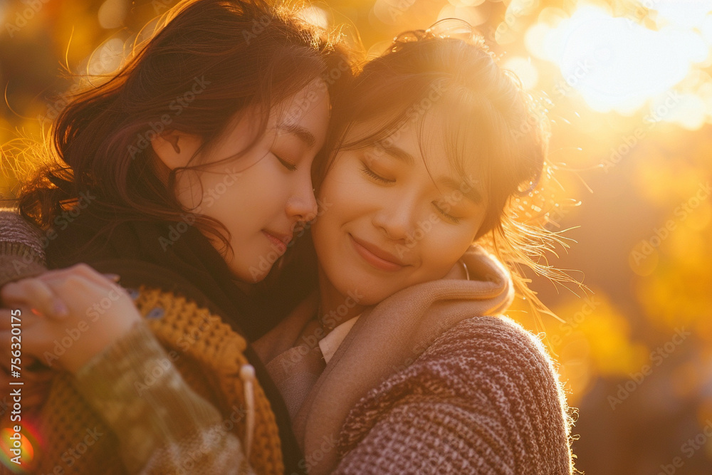 Mixed asian lesbian couple embracing in love, surrounded by autumn's glow at sunset, a moment of pure tenderness and joy Mixed asian lesbian couple embracing in love, surrounded by autumn's glow at sunset, a moment of pure tenderness and joy