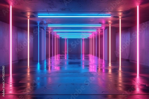 3D render of an empty room with neon lights in blue and pink colors on the walls, abstract background