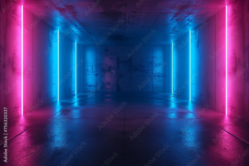 3D render of an empty room with neon lights in blue and pink colors on the walls, abstract background