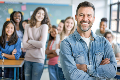 Happy teacher standing in a class with crossed arms in front of his students and looking at the camera. Portrait of confident teacher with students studying in background.