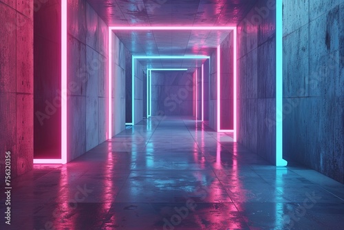 3D render of an empty room with neon lights in blue and pink colors on the walls, abstract background