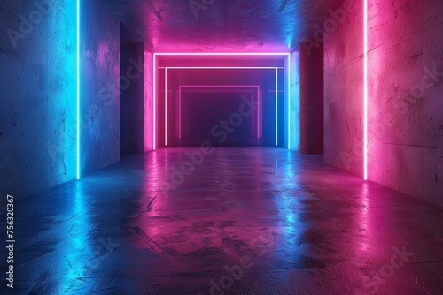 3D render of an empty room with neon lights in blue and pink colors on the walls, abstract background