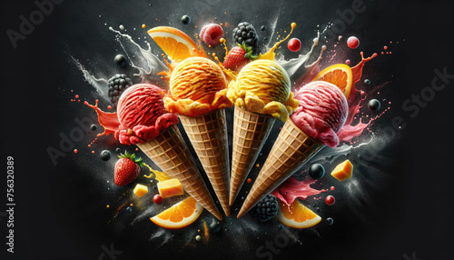 Vibrant ice cream scoops cones with fruit against a black graphite background. World Ice Cream Day