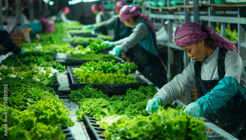 Workers are harvesting fresh vegetables in hydroponic farm
