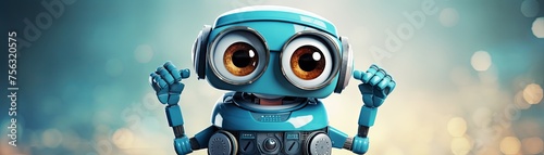 A 3D illustration of a blue robot with oversized expressive eyes, waving a greeting against a blurred blue background.