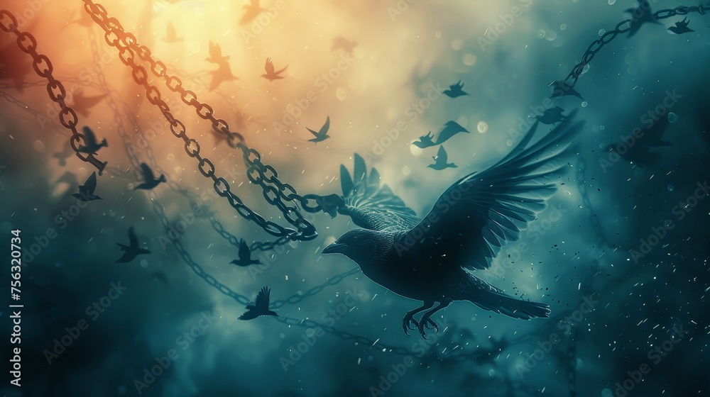 Freedom On The Wings Of Birds Flying - Broken Chains Concept - obrazy, fototapety, plakaty 