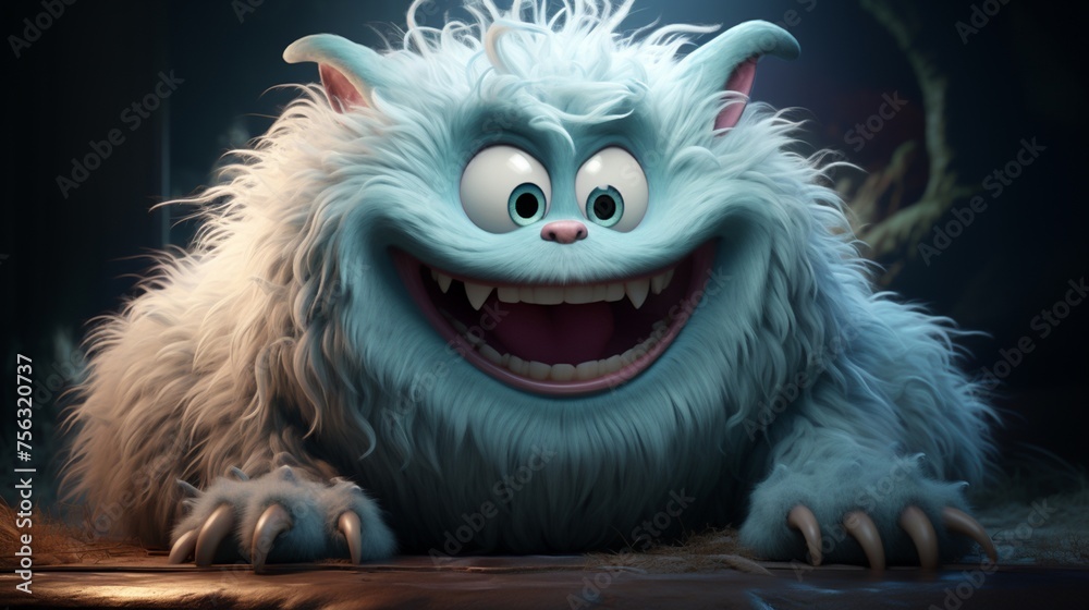 Friendly monster with a toothy grin and soft fur - obrazy, fototapety, plakaty 