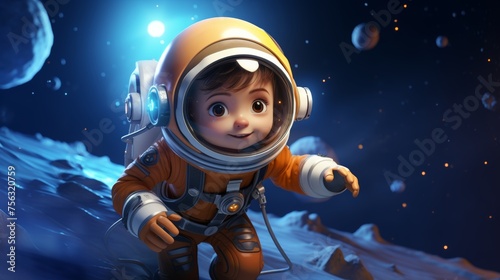 Cute animated toddler astronaut exploring a stylized moon surface with stars and planets in the background. © sandy