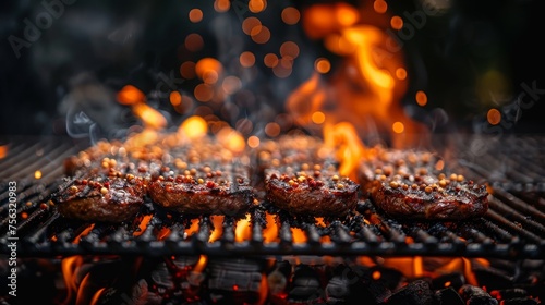 On a black background, there is an empty fire grid with flames on a barbecue grill.