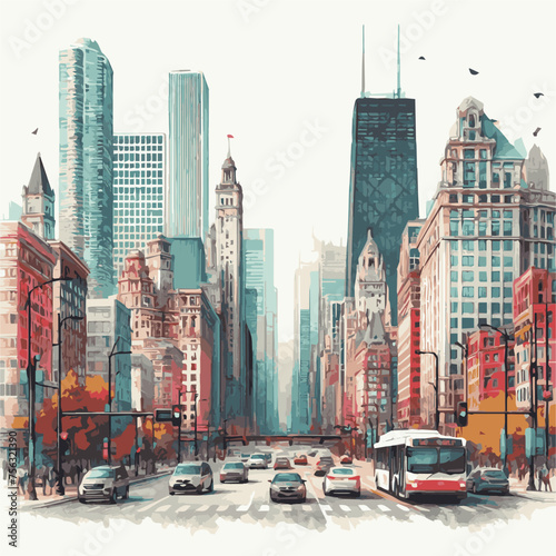 watercolor of Chicago skylines isolated on white background