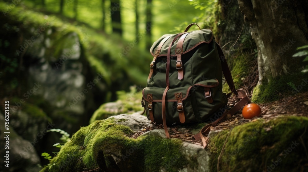 a mountain bag on a rock, forest, spring. 
