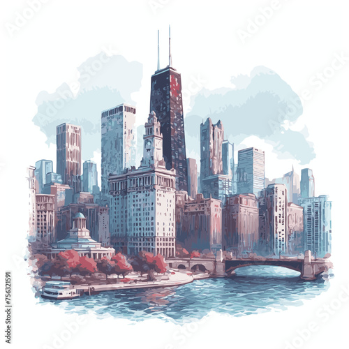 watercolor of Chicago skylines isolated on white background