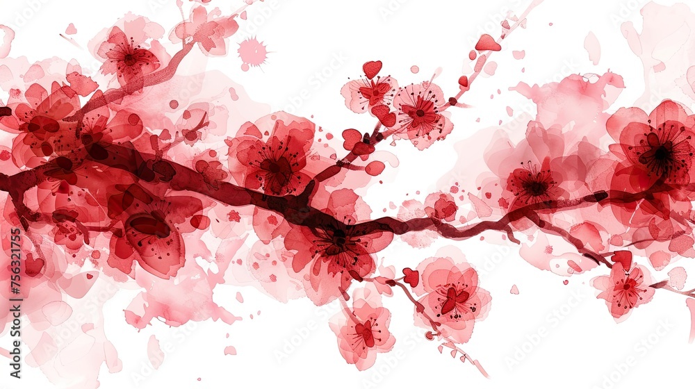Vibrant Red Cherry Blossom Branch Art