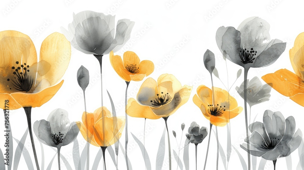 Monochrome and yellow watercolor poppy field